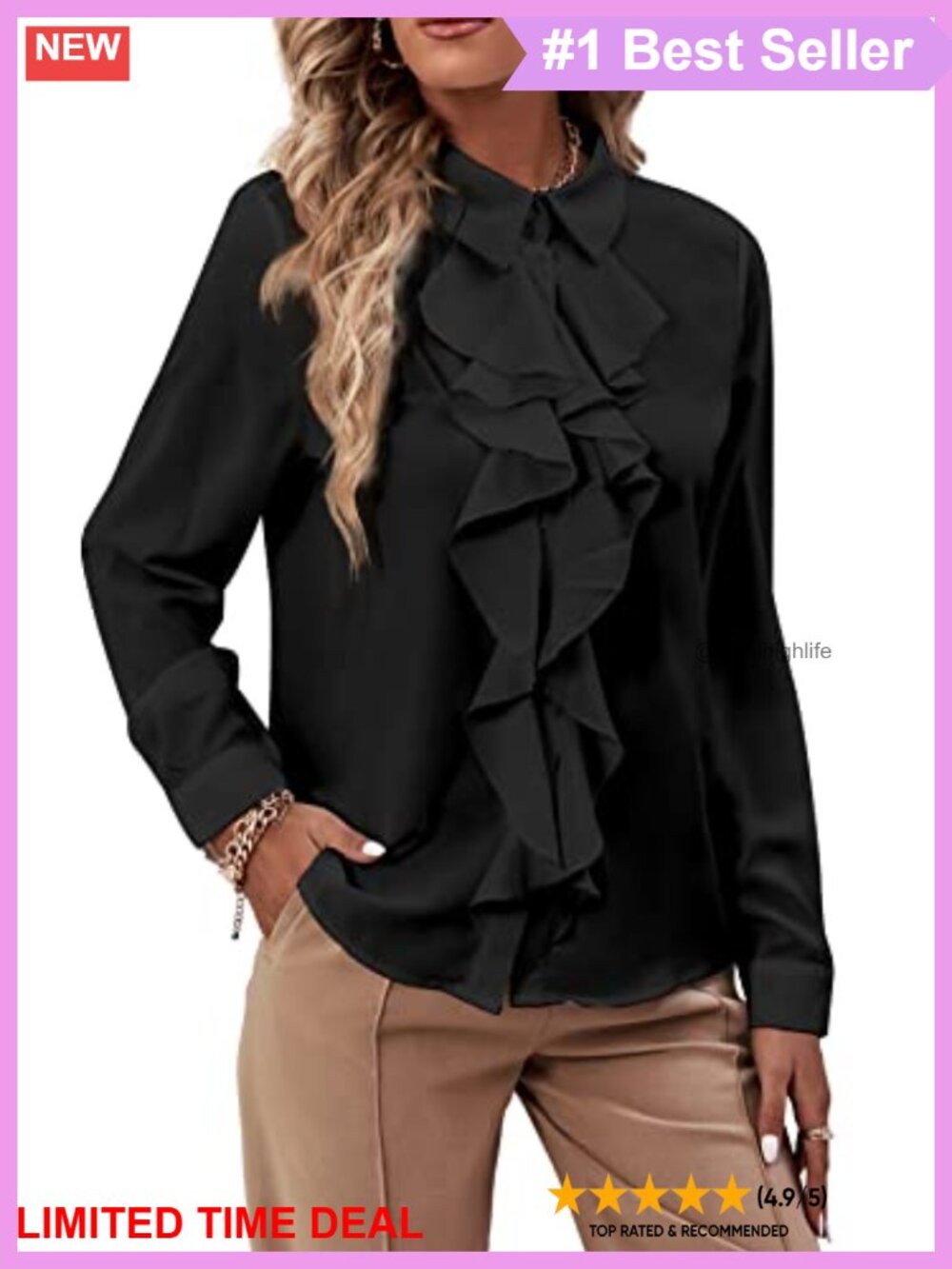 Ruffle Front Button Down Blouse Collared Long Sleeve Office Top